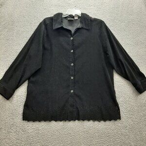 Napa Valley Womens Black Button-Up Shirt 1X Scalloped Eyelet Hem Soft Shacket